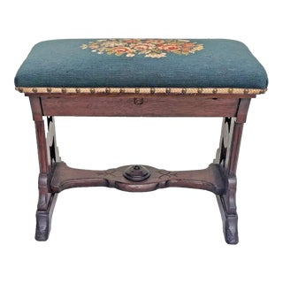 Victorian 1880s Walnut Floral Needlepoint Top Organ / Piano Bench Storage Seat For Sale