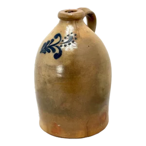 Antique American Blue Decorated Stoneware 1 Gallon Spirits Jug - Drilled for Electric Cord Lamp Base Conversion