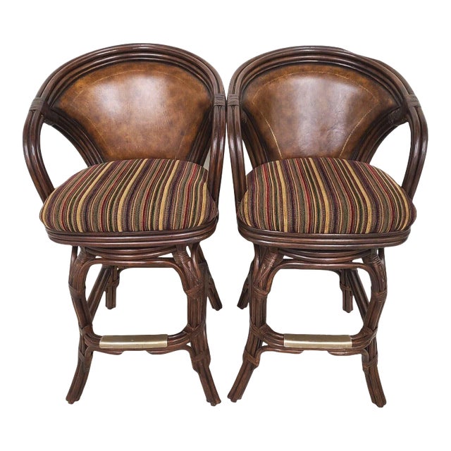 (2) Bamboo Rattan Leather Swivel Barstools by Hooker For Sale