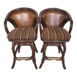 (2) Bamboo Rattan Leather Swivel Barstools by Hooker