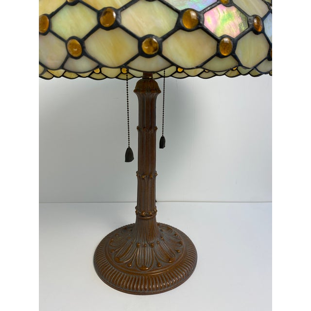 Antique American Tiffany Style Leaded Stained Glass Table Lamp With Amber Jewels For Sale - Image 10 of 11