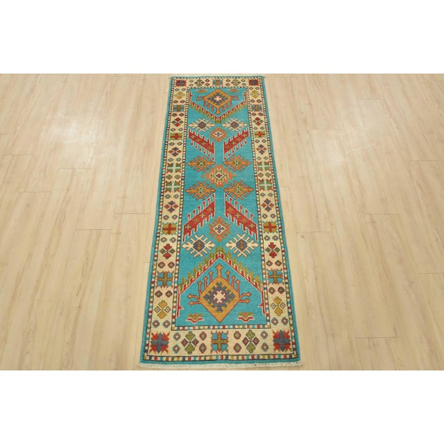 Farmhouse Kazak Runner 2’2” X 6′ Blue Wool Tribal Hand-Knotted Oriental Rug For Sale - Image 3 of 12