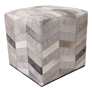 Handmade Patchwork Cowhide Leather Cube Ottoman Pouf 18x18x18 in Neutral For Sale