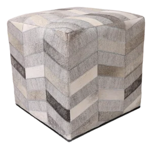 Handmade Patchwork Cowhide Leather Cube Ottoman Pouf 18x18x18 in Neutral