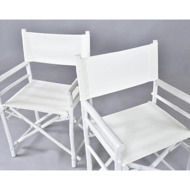 Set of 4 Vintage White Rattan Bamboo Canvas Sling Folding Directors Chairs For Sale - Image 15 of 16
