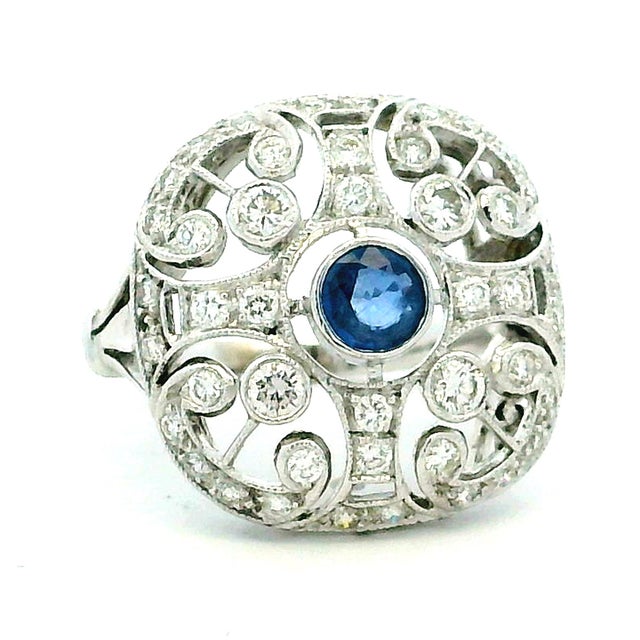 Metal Antique-Style 14K White Gold Sapphire & Diamond Filigree Ring For Sale - Image 7 of 12