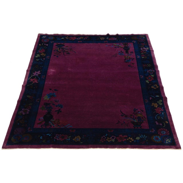 Antique Chinese Art Deco Rug Vibrant Plum & Navy Wool 9x12 For Sale - Image 4 of 11