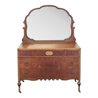 Antique Wooden Dresser With Mirror and Five Drawers For Sale