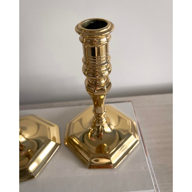 Metal Pair of Vintage Baldwin Brass Candlesticks, Octagonal Base, Usa Made, 6.75" For Sale - Image 7 of 8