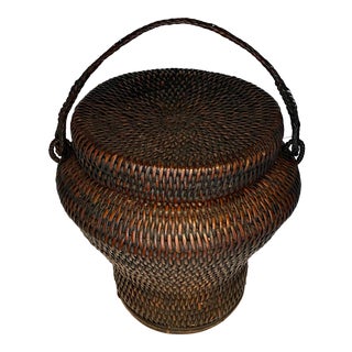 Vintage Coil Basket With Lid and Handle For Sale