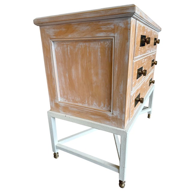 English Pair French Cerused Oak and Brass Nightstands Metal Bases For Sale - Image 3 of 12