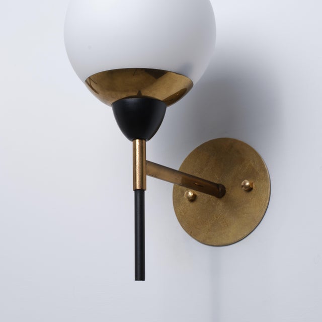 Metal Italian Brass Black Lacquered Metal and Opaline Glass Globe Wall Sconce, 1950s For Sale - Image 7 of 8