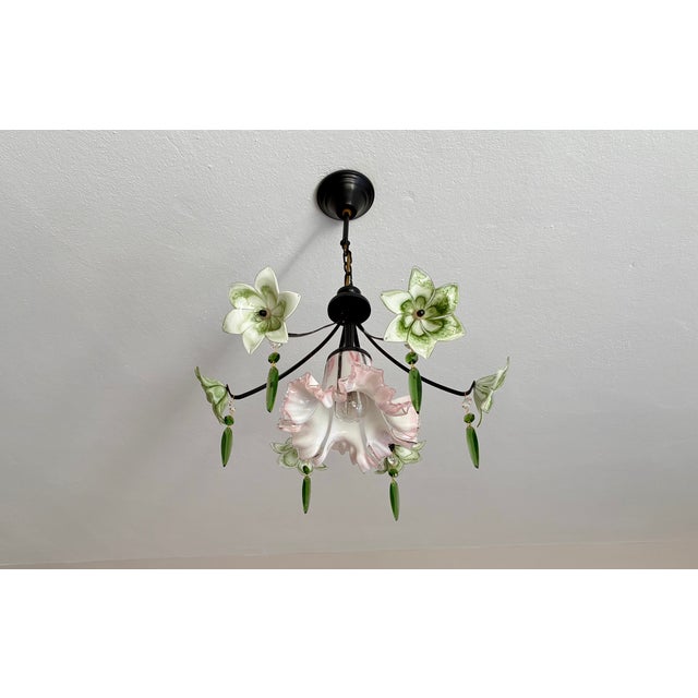Vintage Murano Style Chandelier – Rare Pink & Green Art Glass For Sale - Image 6 of 13