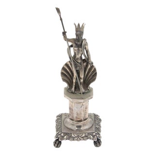 Silver Toothpick Holder with Poseidon Resting on Quadrangular Plinth For Sale