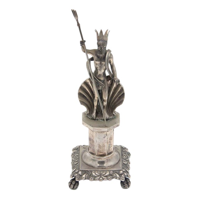 Silver Toothpick Holder with Poseidon Resting on Quadrangular Plinth For Sale