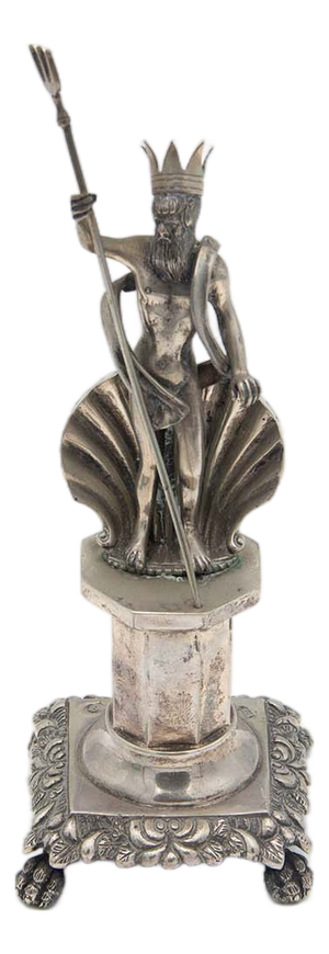 Silver Toothpick Holder with Poseidon Resting on Quadrangular Plinth