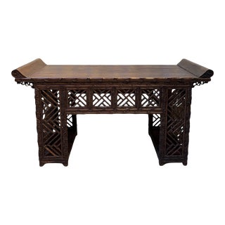 Vintage Chinese Faux Bamboo Hand-Carved Wood Altar Table For Sale