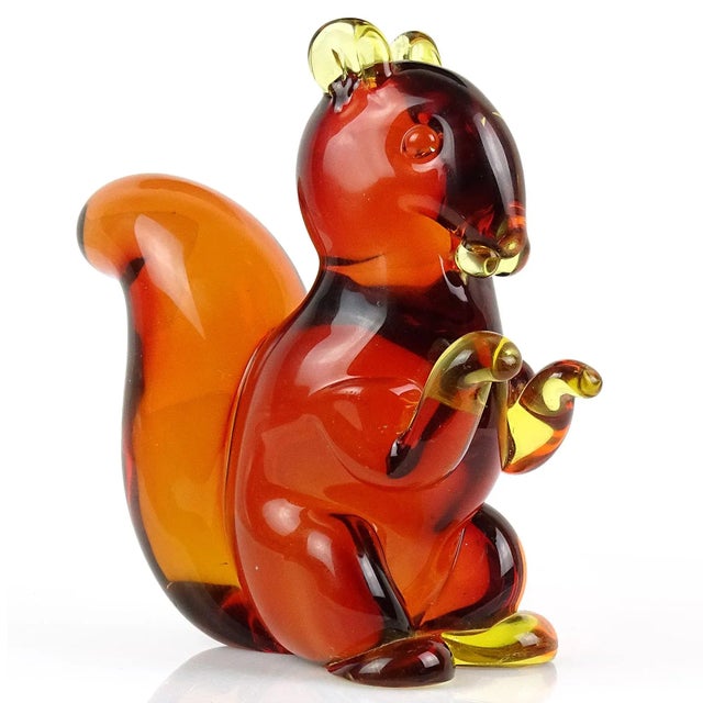 Beautiful and very cute, vintage Murano handblown Sommerso red orange, yellow Italian art glass squirrel sculpture /...