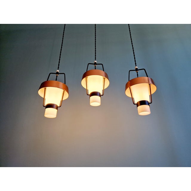 Scandinavian Pendant Lights in White Opaline and Copper Metal, 1960s, Set of 3 For Sale - Image 11 of 18