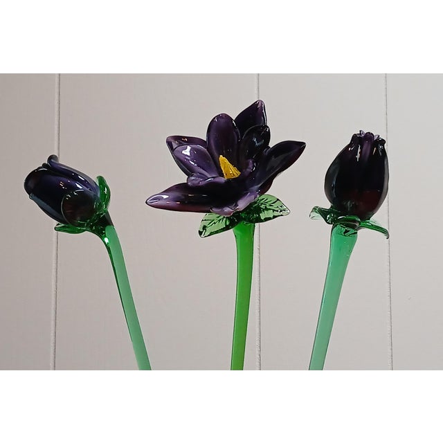Mid 20th Century Vintage Murano. Amethyst Vase W/Emerald Vine Wrap Around Vase, With Matching Flowers For Sale - Image 5 of 12