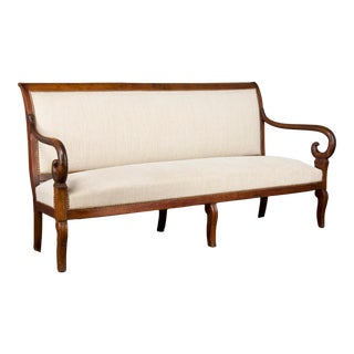 19th Century French Louis Philippe Walnut Settee Upholstered W/ Off-White Belgian Linen For Sale