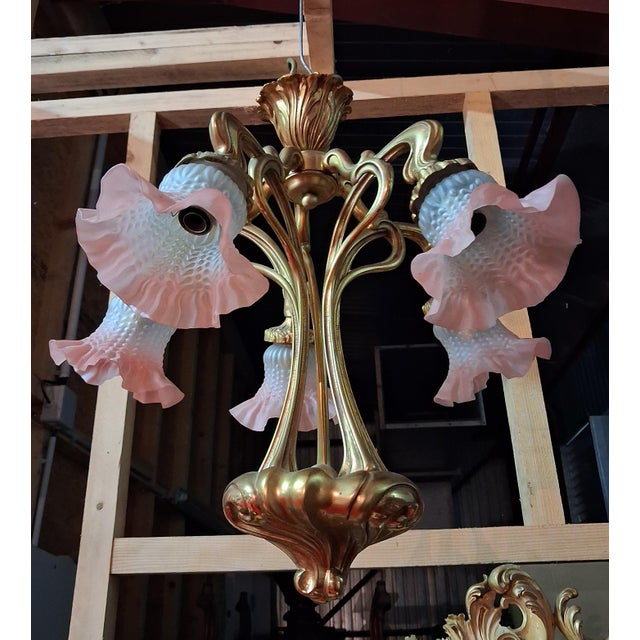 Metal Art Nouveau Nancy School Bronze Chandelier with Five Lights, 1900s For Sale - Image 7 of 8