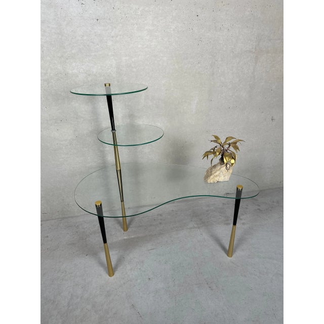 Nice étagère / plant table in glass and metal. Amoeba shaped top in safety glass at a height of 41cm. Above, 2 discs in...
