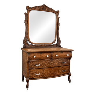 Eastlake Tiger Oak Wood Dresser With Mirror, 19th Century For Sale
