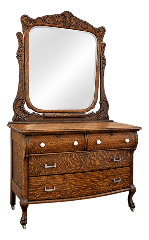 Eastlake Tiger Oak Wood Dresser With Mirror, 19th Century