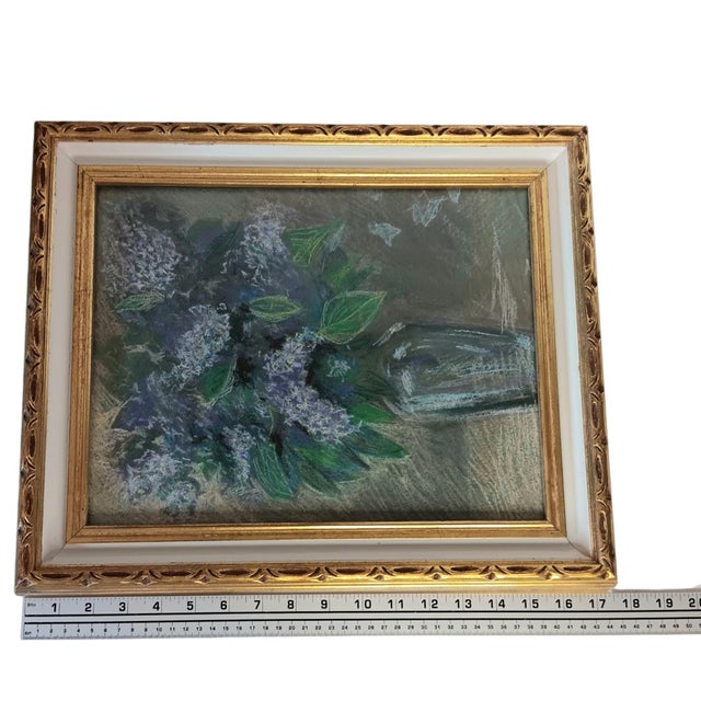 Pastel Floral Painting of Lilacs in Purple Green Gold & White Frame 17" X 14" For Sale - Image 12 of 12