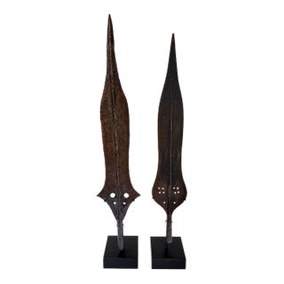 Early 20th Century Pair of African Hand-Forged Iron Spearheads on Custom Stands For Sale
