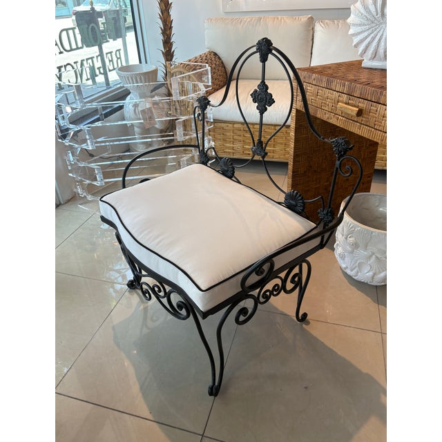 Vintage Wrought Iron Garden Patio Bench Stool Newly Upholstered Powder-Coated For Sale In West Palm - Image 6 of 12