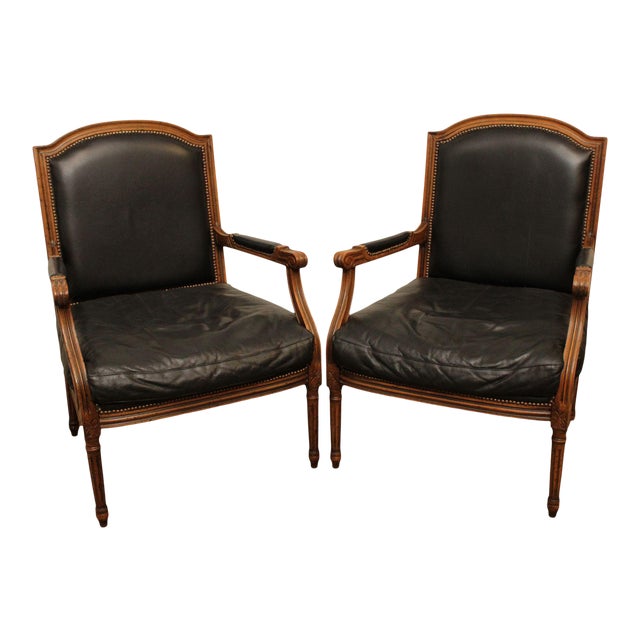 Chateau D Ax French Louis Xvi Style Black Leather Fauteuil Armchairs A Pair Chairish