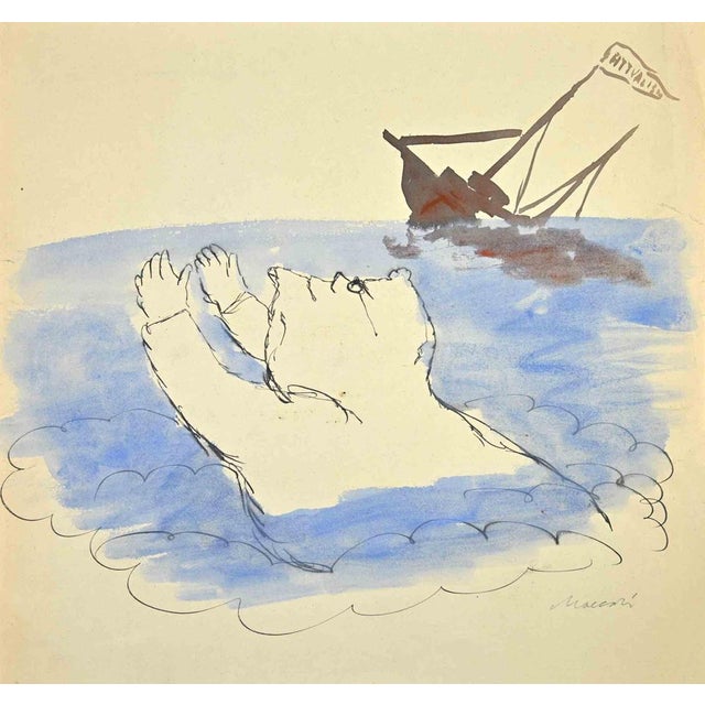 Chia ink and watercolor drawing on paper realized by Maccari in 1940s. Hand signed in pencil lower right. It depicts...