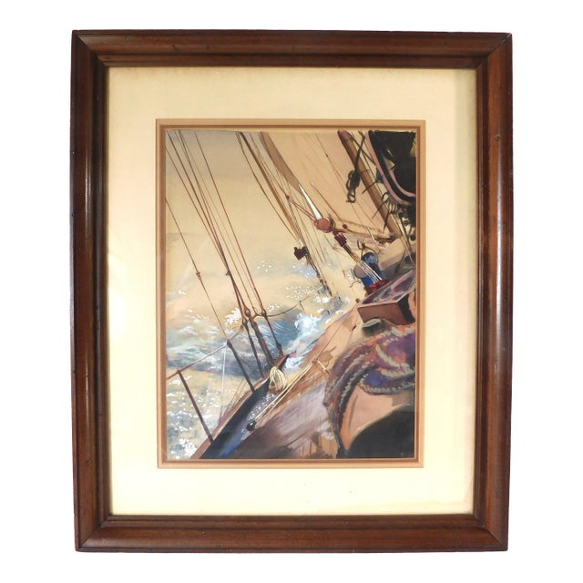 Vintage Original Signed Nautical Seascape Sailboat Watercolor Framed Hanging Wall Art Picture For Sale