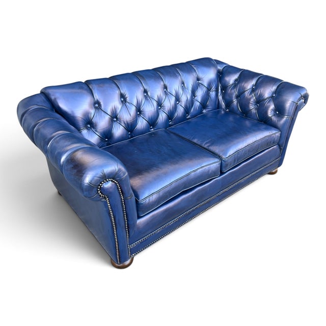 Vintage Chesterfield Navy Blue Tufted Leather Loveseat W/ Brass Trim For Sale - Image 12 of 16