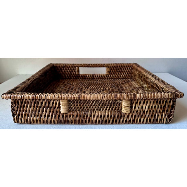 Woven Brown Rattan Tray-Inset Handles-Artifacts For Sale - Image 4 of 8