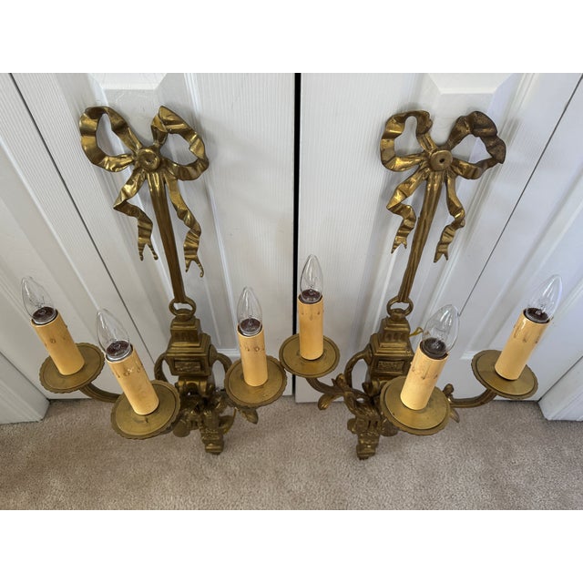 Mid 20th Century Mid 20th Century Louis XIV Solid Brass 3-Arm Wall Sconces W/Ribbons For Sale - Image 5 of 17