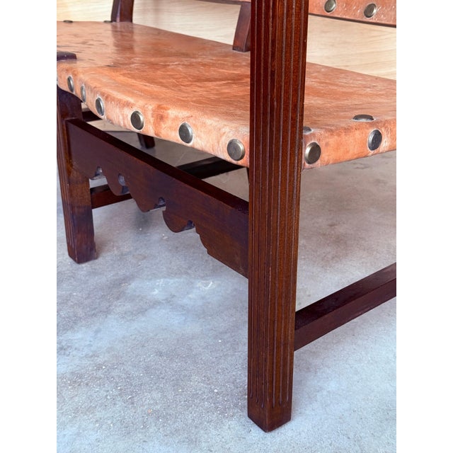 Walnut Leather Brown Spanish Sofa, Bench 18th Century Baroque Cordoba Ironwork For Sale - Image 12 of 18
