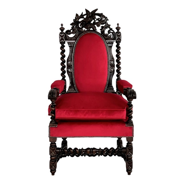 Italian Baroque Throne Armchair in Walnut and Velvet, 1890s-1900s For Sale