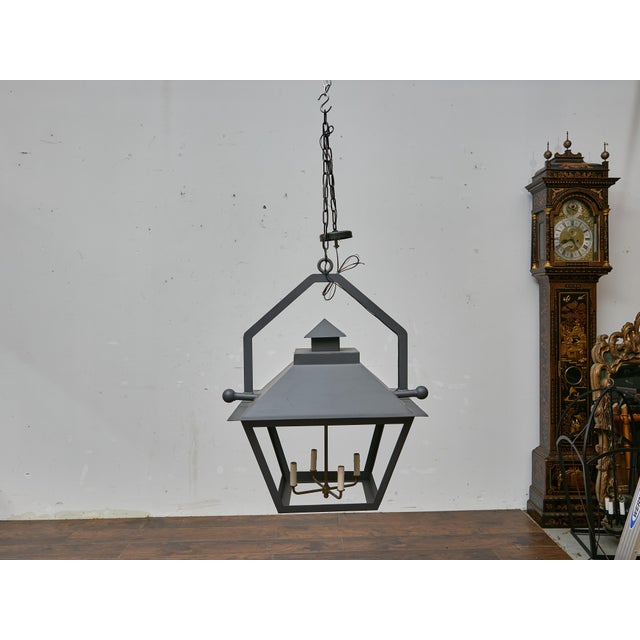 Pair of Large Iron Lanterns with Four Lights and Architectural Design For Sale In Atlanta - Image 6 of 12