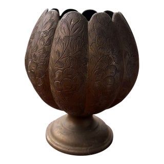 Vintage Engraved Brass Lotus Form Pedestal Vase For Sale