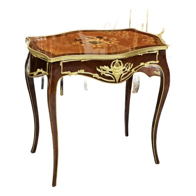 Marquetry Elegance – Louis XV-Inspired Side Table With Ornate Gold Leaf Accents & Graceful Cabriole Legs For Sale