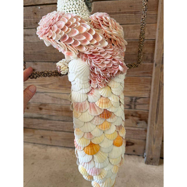 Metal Custom Seashell Encrusted Cockatoo Parrot Sculpture on Hanging Perch For Sale - Image 7 of 12