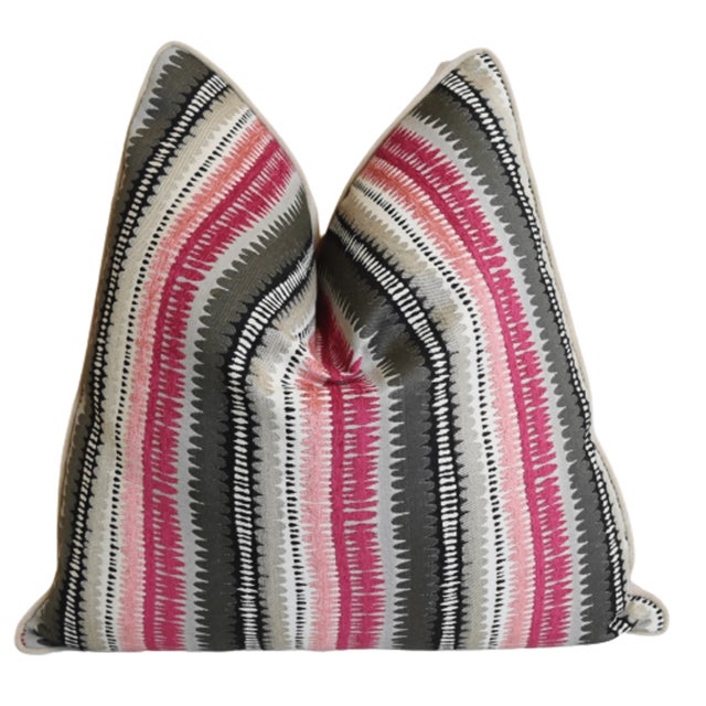 Designer French Bohemian Chic Pinks, Creams & Grays Striped Feather/Down Pillow 24" Square For Sale - Image 4 of 6
