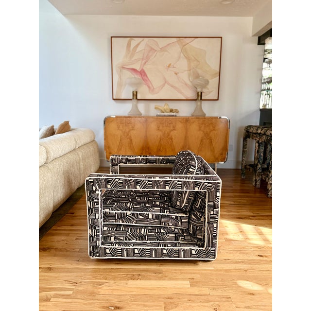 Uncommon architectural lounge chair from Bernhardt’s Flair division, c.1970s. Reupholstered in heavyweight geometric cut...