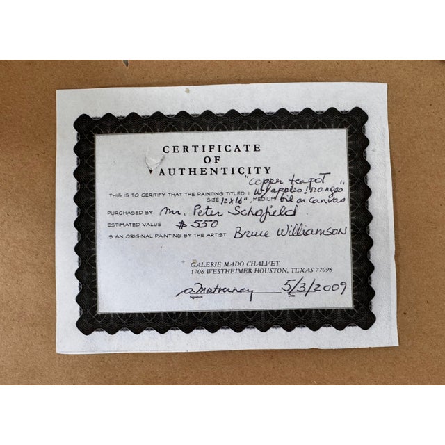 "Copper Teapot With Apple and Orange" Oil Painting by Bruce Williamson For Sale - Image 13 of 13