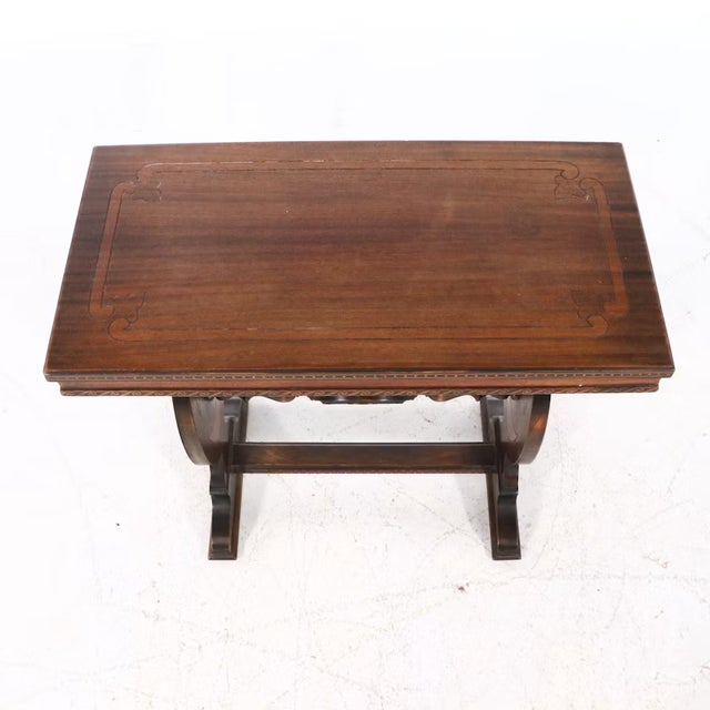 20th Century Renaissance Revival Walnut Inlay Accent Table With Trestle Base For Sale - Image 4 of 9