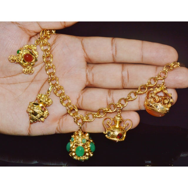 Vintage Portuguese Italian Solid 19.2k & 18k Gold Etruscan Revival Multigem Fob Charm Bracelet For Sale - Image 12 of 15