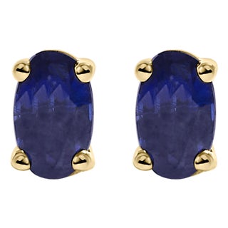 14K Yellow Gold 5x3 MM Oval Blue Sapphire Solitaire Stud Earrings For Sale